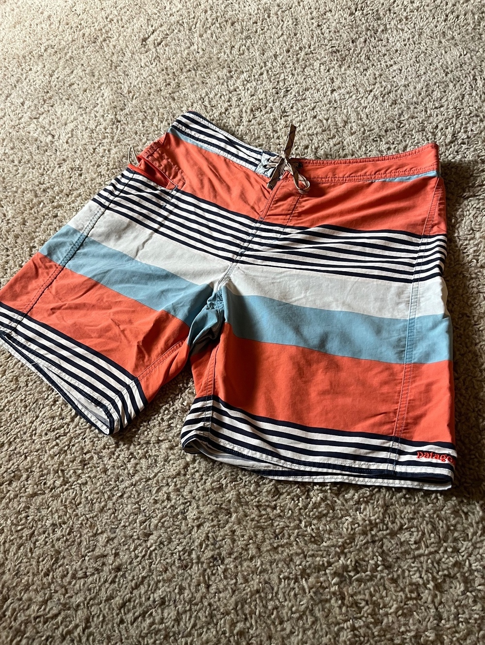 Patagonia Men’s Orange and Blue Striped Board Shorts Size 36